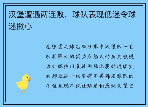 汉堡遭遇两连败，球队表现低迷令球迷揪心