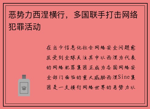 恶势力西涅横行，多国联手打击网络犯罪活动